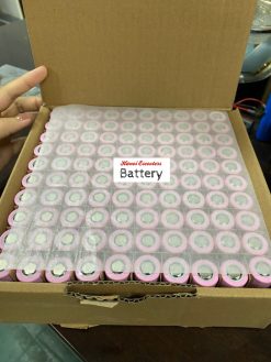 A box of 100 pcs cell battery 18650 in a carton box with logo of Hanoi Escooters company