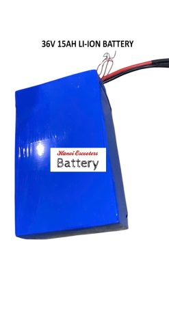 a 36v 15ah rectangle battery with blue heatshrink cover, connected to two electrical cords.