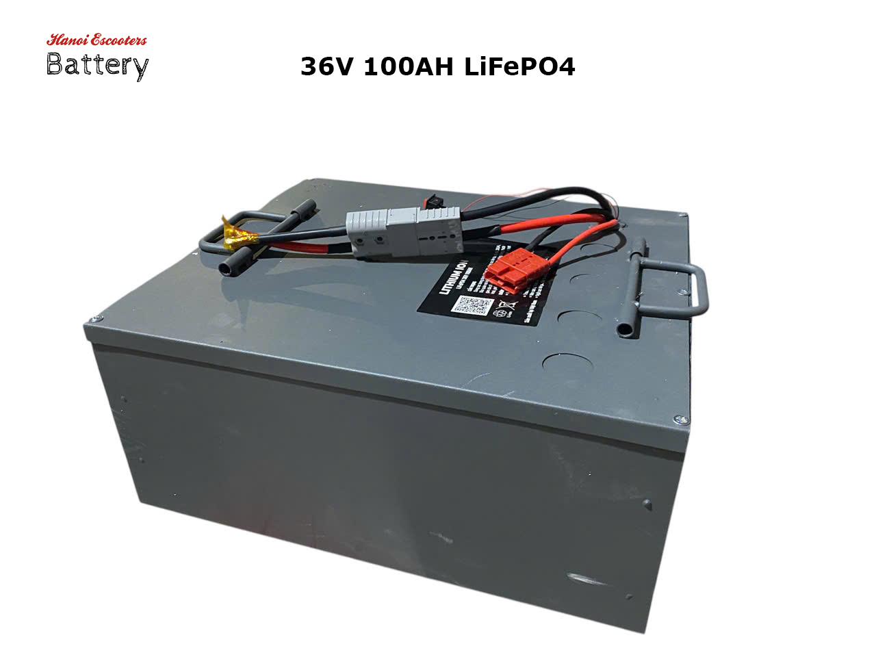 a battery box by maker Hanoi Escooters with their logos, 36V 100A LFP LABEL